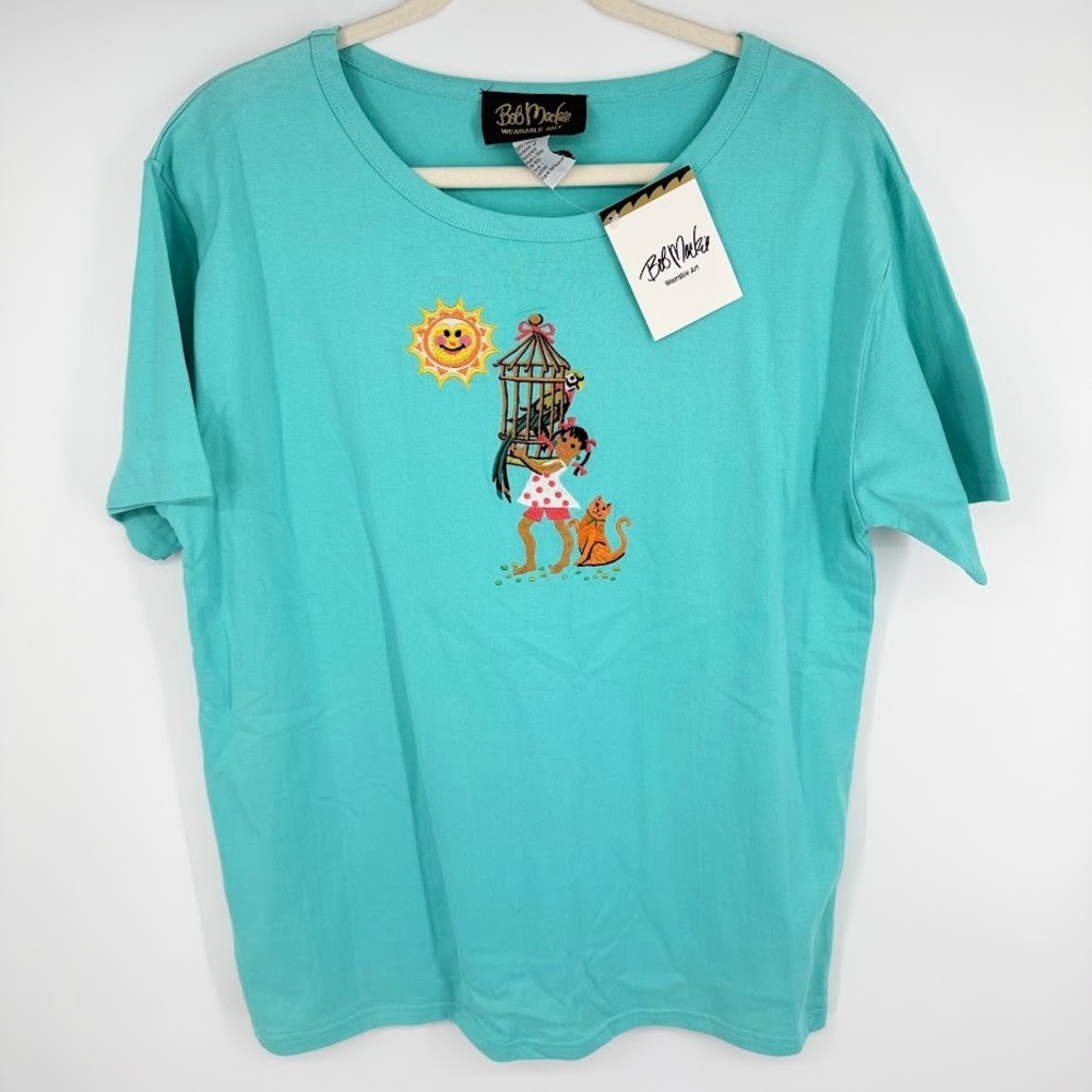 NEW Bob Mackie Wearable Art Embroidered Tee Shirt L Turquoise Girl With Pets Sun